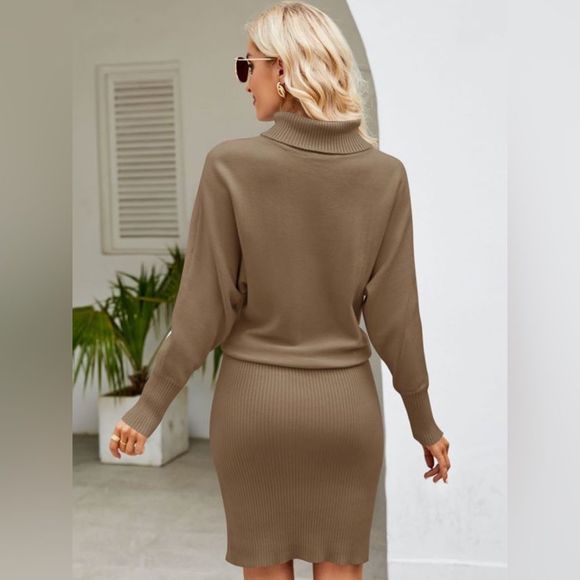 Light Matcha Brown Ribbed Cozy Turtle Neck Long Sleeve Ribbed Sweater Dress - Picture 2 of 3